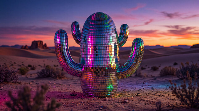 A surreal disco cactus covered in colorful glowing mirror tiles, neon reflections at sunset in desert, vibrant futuristic art. disco cactus, neon cactus art, surreal desert