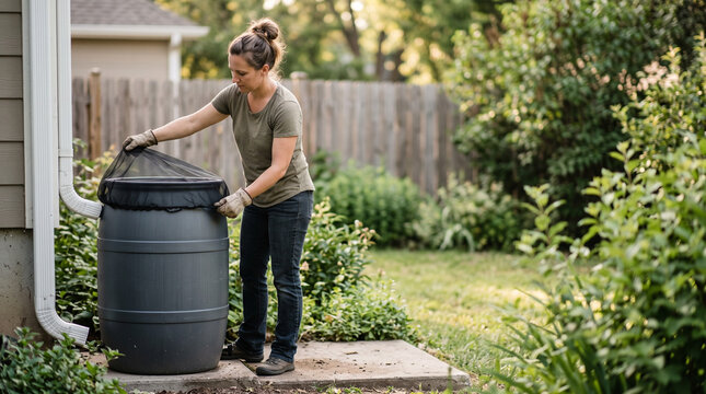 Woman installs protective mesh netting over rain barrel to prevent mosquito breeding. Backyard pest control and insect prevention setup.