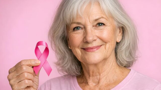A woman proudly displays a pink ribbon on her chest, a universal symbol for breast cancer awareness. She smiles, showing support and solidarity with those affected by the disease.