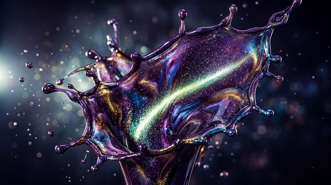Magnetic cat eye nail polish swirling in a splash, featuring a shimmering line effect visible mid-air, deep galaxy tones, dramatic lighting, and dynamic motion.