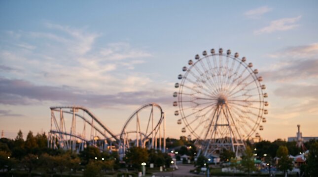 Amusement park with Ferris wheel and roller coaster at sunset