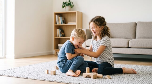 Joyful siblings playing with wooden blocks on a rug in a bright living room