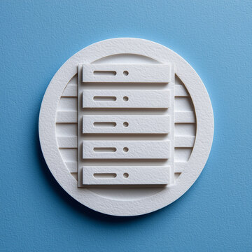 3D circular paper cut database server icon on blue background for cloud technology, 클라우드 기술을 위한 파란색 배경의 3D 원형 페이퍼 컷 데이터베이스 서버 아이콘