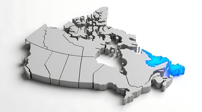 Three dimensional map illustrating specific canadian province highlighted with glowing vibrant blue neon light effect with eastern territory illuminated