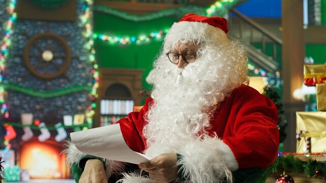 Santa Claus shakes his head and gives a thumbs-down sign while rejecting wish lists from children, expressing disagreement through a clear negative Christmas gesture in a festive costume.