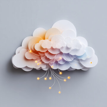 Paper art cloud technology icon with glowing fiber optic data flows, 빛나는 광섬유 데이터 흐름이 있는 페이퍼 아트 클라우드 기술 아이콘