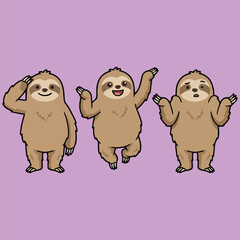 Set of Three Cartoon Sloths Showing Different Emotions Including Happy Saluting and Confused Expressions Isolated on a Purple Background