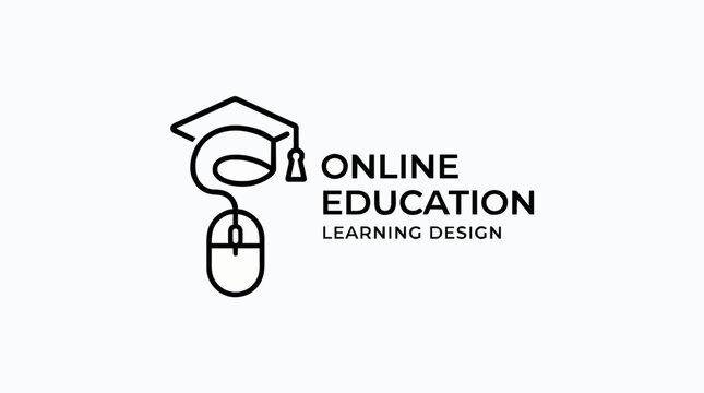 Online Education Icon with Graduation Cap and Computer Mouse Line Design Vector