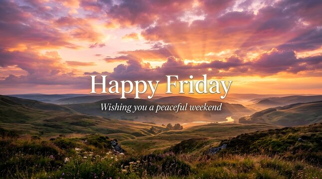 Happy Friday background with text wishing you a peaceful weekend over scenic sunset landscape of rolling green hills and golden sky