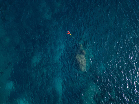 Aerial view of a red buoy floating in the deep blue waters of Cala Llebeig in El Poble Nou de Benitatxell, Valencian Community, Spain.