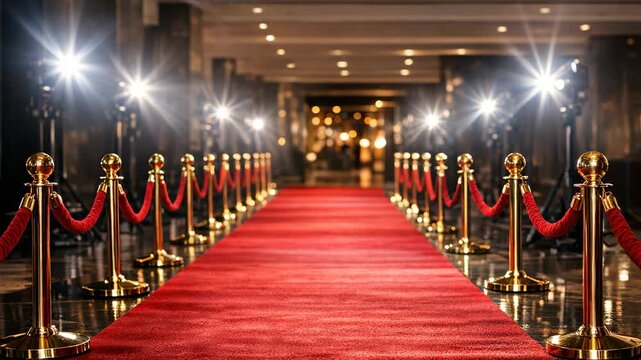 A luxurious red carpet entrance with spotlights and a guard rope for a formal event or premiere.