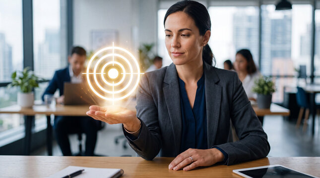 A confident businessman in a modern office holding a glowing target symbol above his hand, representing goal achievement, strategic planning, business success, and corporate vision.