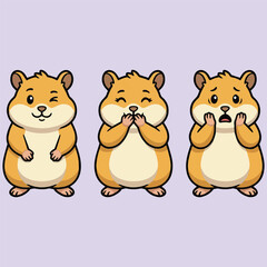 Expressive cartoon hamsters in a cute illustration, featuring a playful wink, a happy , and a surprised or shocked reaction, conveying a range of adorable moods and feelings for cheerful designs