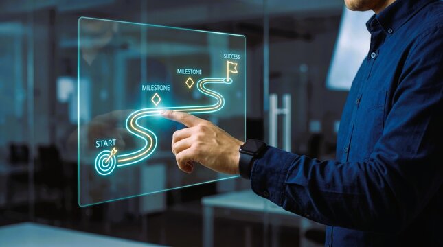 Business professional interacting with glowing digital roadmap hologram showing strategic progress milestones and ultimate success goals via modern touch technology