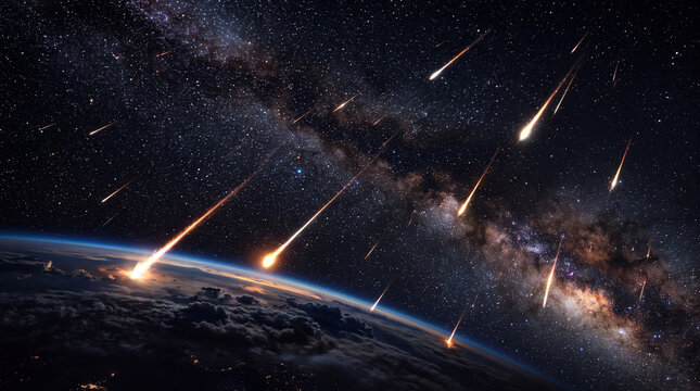 A breathtaking meteor shower over deep space, with blazing fireballs streaking through a starry night sky and the Milky Way above dark mountain silhouettes, representing astronomy and a celestial even
