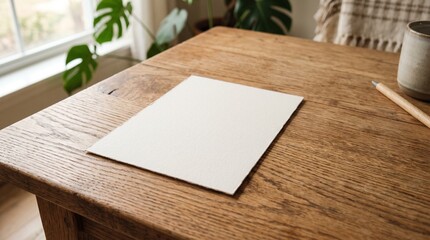 Fototapeta premium Blank paper on rustic wooden desk with plant and mug
