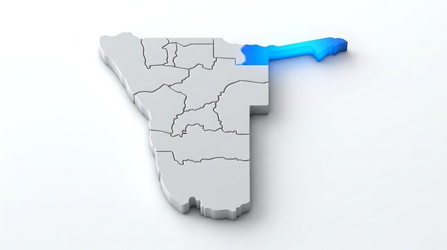 Three dimensional map showing namibia with the zambezi region highlighted in bright glowing blue color with administrative regions delineated