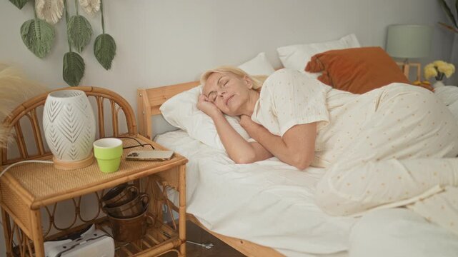 Woman in pajamas lies on bed and reaches for smartphone on rattan bedside table inside building; calm morning.