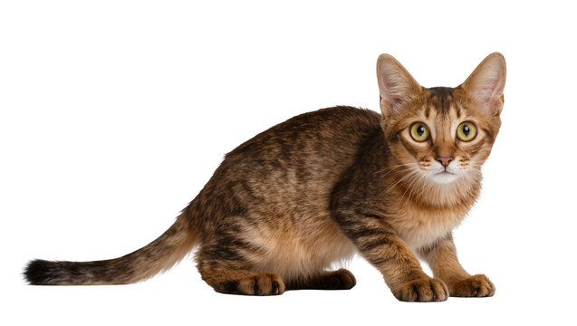 Isolated adorable brown tabby kitten with bright green eyes in curious playful stance