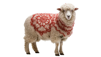 Isolated studio shot of a sheep with a red intricate decorative pattern on its wool © Saoirse