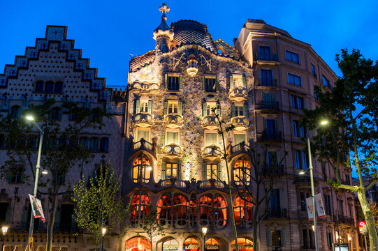 Barcelona, Spain - April 19, 2026: Night outdoor view Gaudi's creation - House of Bones. The building that is now Casa Batllo was built in 1877 by Gaudi, and now commissioned by Lluis Sala Sanchez.