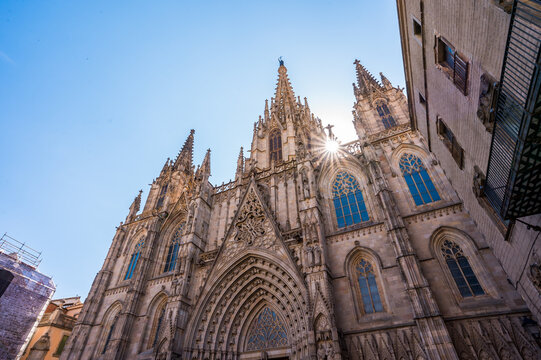 Facade of the Cathedral of the Holy Cross and Saint Eulalia, Known as Barcelona Cathedral, a Gothic Architecture Building in Old Town of the City