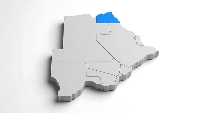 Three dimensional map illustrating botswana districts with single region highlighted in bright blue color tone with country subdivided districts