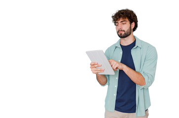 Young man using tablet for online communication and digital browsing, connecting with technology, transparent background © Komora