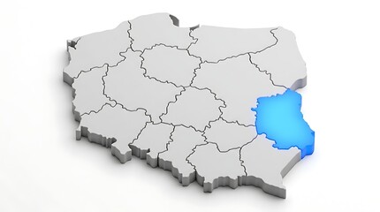 Three dimensional map illustrating highlighted lublin voivodeship within polish borders isolated white background with region highlighted bright © Guilherme