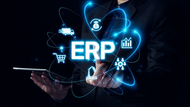ERP platform visual showing centralized system for enterprise resource planning, improving integration, data flow, business efficiency, finance, inventory, and human resources. Elide