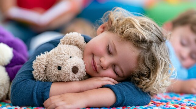 Child rests on mat with toy while other kids nap in daycare Generative AI