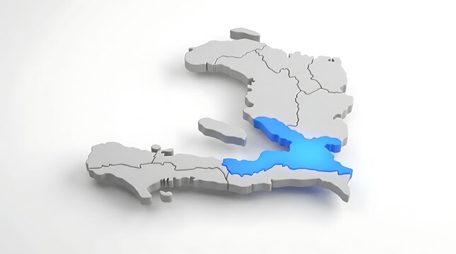 Three dimensional map of haiti highlighting the ouest departmental region in bright glowing blue color with divided administrative regions specific area highlighted
