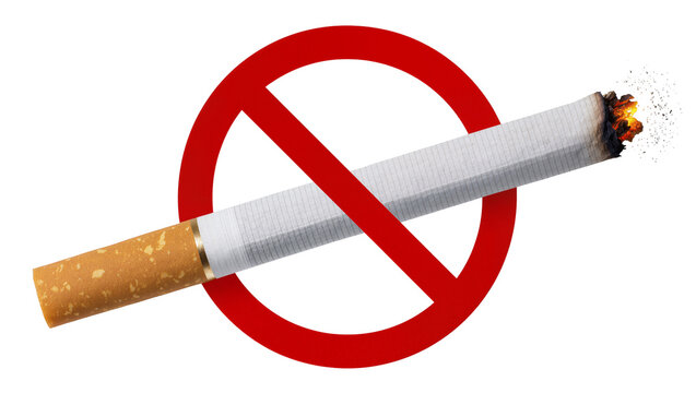 Isolated lit tobacco cigarette with red prohibition symbol, no smoking warning sign