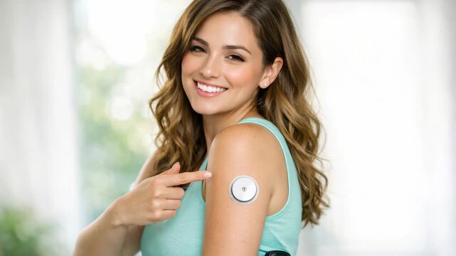 A woman showing off her arm with an adhesive patch and sensor for monitoring health data.