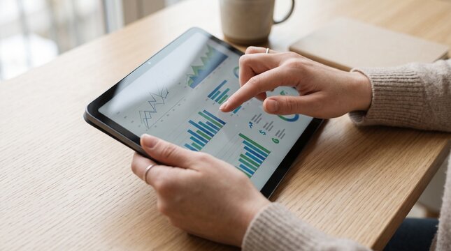 Person analyzing financial charts on a tablet computer at a wooden desk
