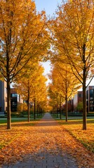 Naklejka premium Pathway through a university campus lined with trees and covered in autumn leaves in bright morning light Generative AI