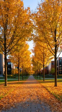Pathway through a university campus lined with trees and covered in autumn leaves in bright morning light Generative AI