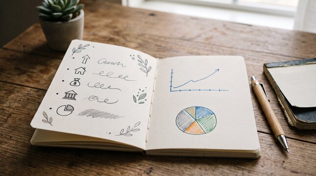 Open notebook with business charts and icons on a wooden table
