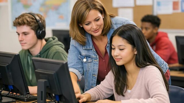 Young people learning with technology assistance from instructor.