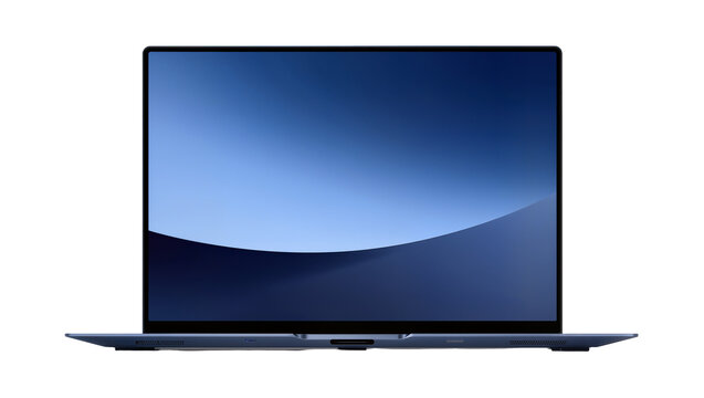 Isolated sleek modern laptop computer open with blue gradient wallpaper on screen.