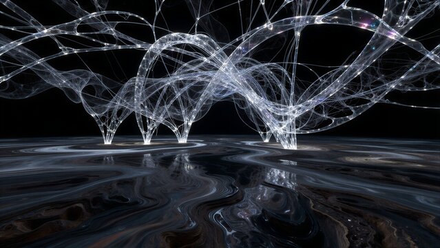 Abstract light structures float above swirling, dark terrain against a black void.