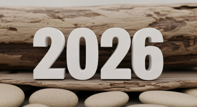 Large white three dimensional number 2026 resting on aged wooden plank surface surrounded by smooth river stones concept of future year celebration.
