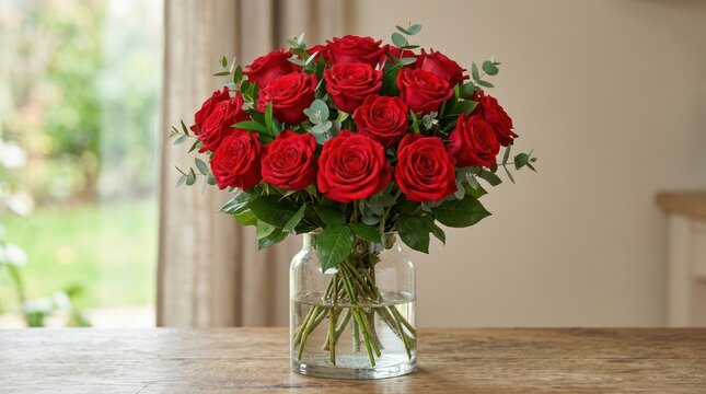 A Beautiful Bouquet of Red Roses in a Glass Vase on a Wooden Table.