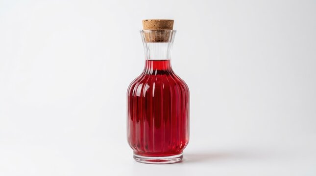 A Clear Glass Bottle Filled With Vibrant Red Liquid and Cork Stopper.