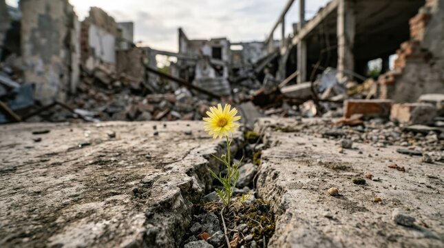 A lone yellow flower blooms amidst the ruins of a destroyed city symbolizing hope and resilience.