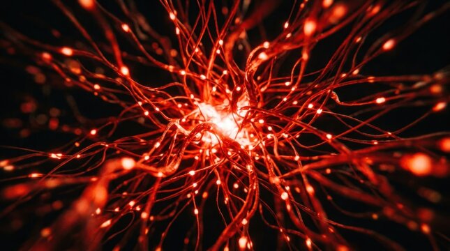 Abstract Neural Network Synapse Connection Glowing Red Energy.