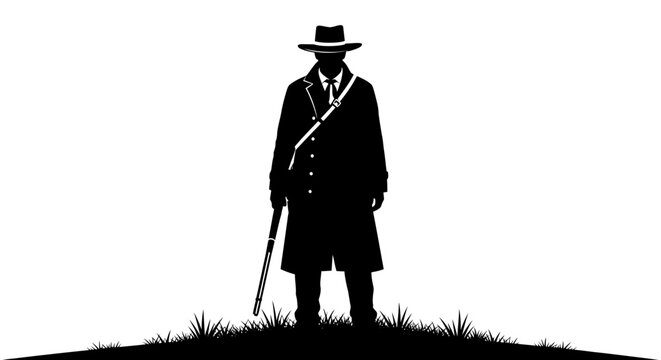 A mysterious silhouette of a man wearing a wide brimmed hat and long coat standing alone on a hill