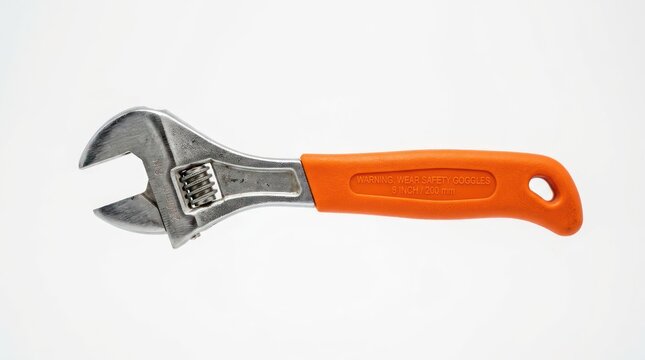 Adjustable wrench with orange handle on a white background.