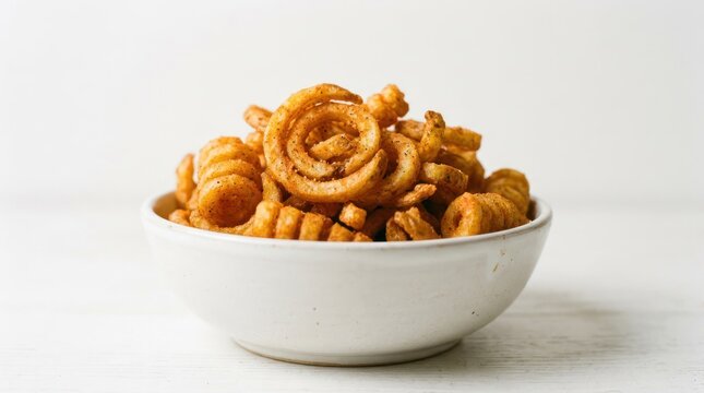 Bowl of Delicious Curly Fries on White Background.