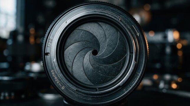 Closeup of a camera lens aperture blades opening and closing.